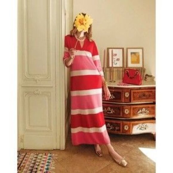 FRANCES VALENTINE Size XL Angora Lambswool Striped Maxi Sweater Dress Pink Red - Picture 2 of 10